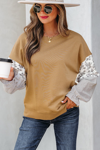 Camel Floral Striped Patchwork Ruffled Sleeve Crew Neck Sweatshirt