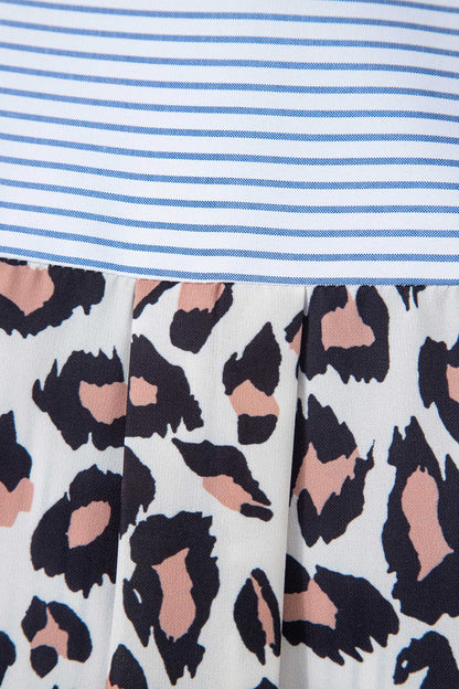 Sky Blue Stripe Colorblock Leopard Patchwork Chest Pocket Cuffed Sleeve Shirt