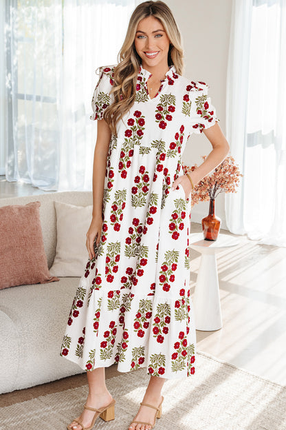 Beige Floral Short Bubble Sleeve Tiered Maxi Dress