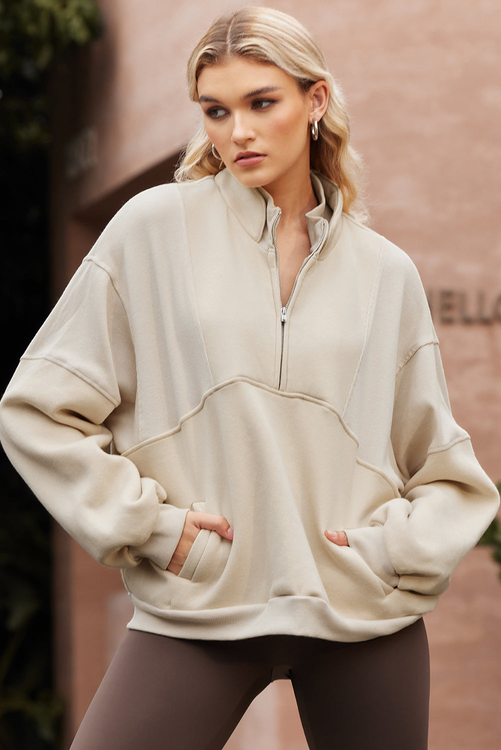 Apricot Half Zip Stand Collar Exposed Seam Solid Color Casual Sweatshirt