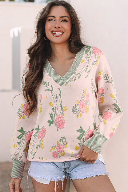 Pink Floral Pattern Striped V Neck Loose Sweater