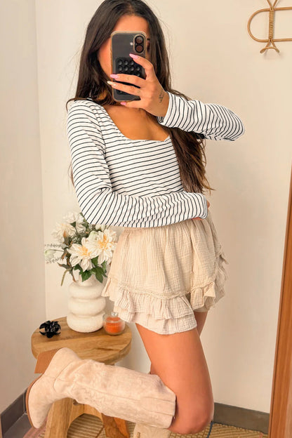 Brown Stripe Square Neck Long Sleeve Top