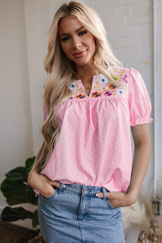 Pink Floral Embroidered Puff Sleeve Notched V Neck Blouse