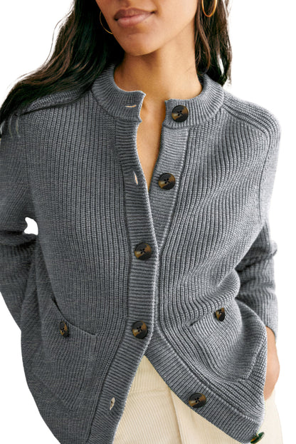 Medium Grey Chunky Buttoned Front Round Neck Cardigan Sweater