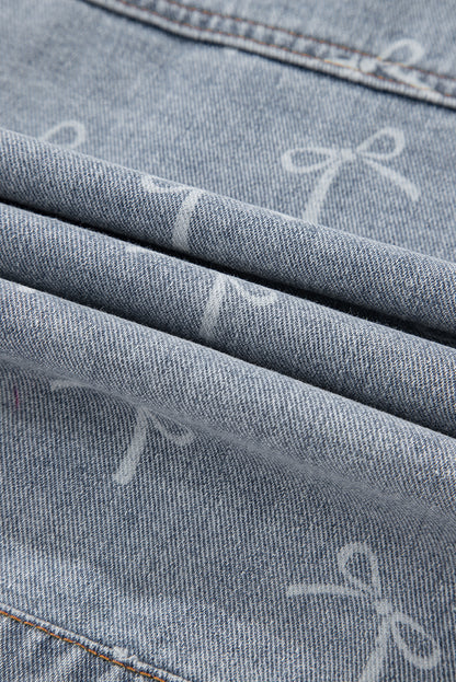 Sky Blue Bow Knot Print Light Wash Raw Hem Denim Jacket