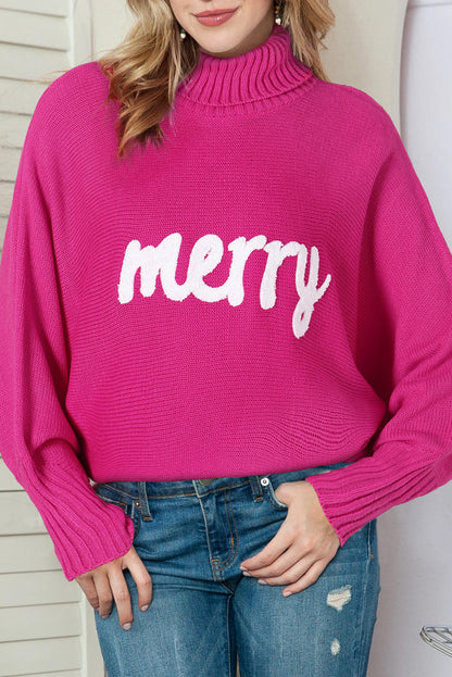 Blackish Green Merry Letter Embroidered High Neck Sweater