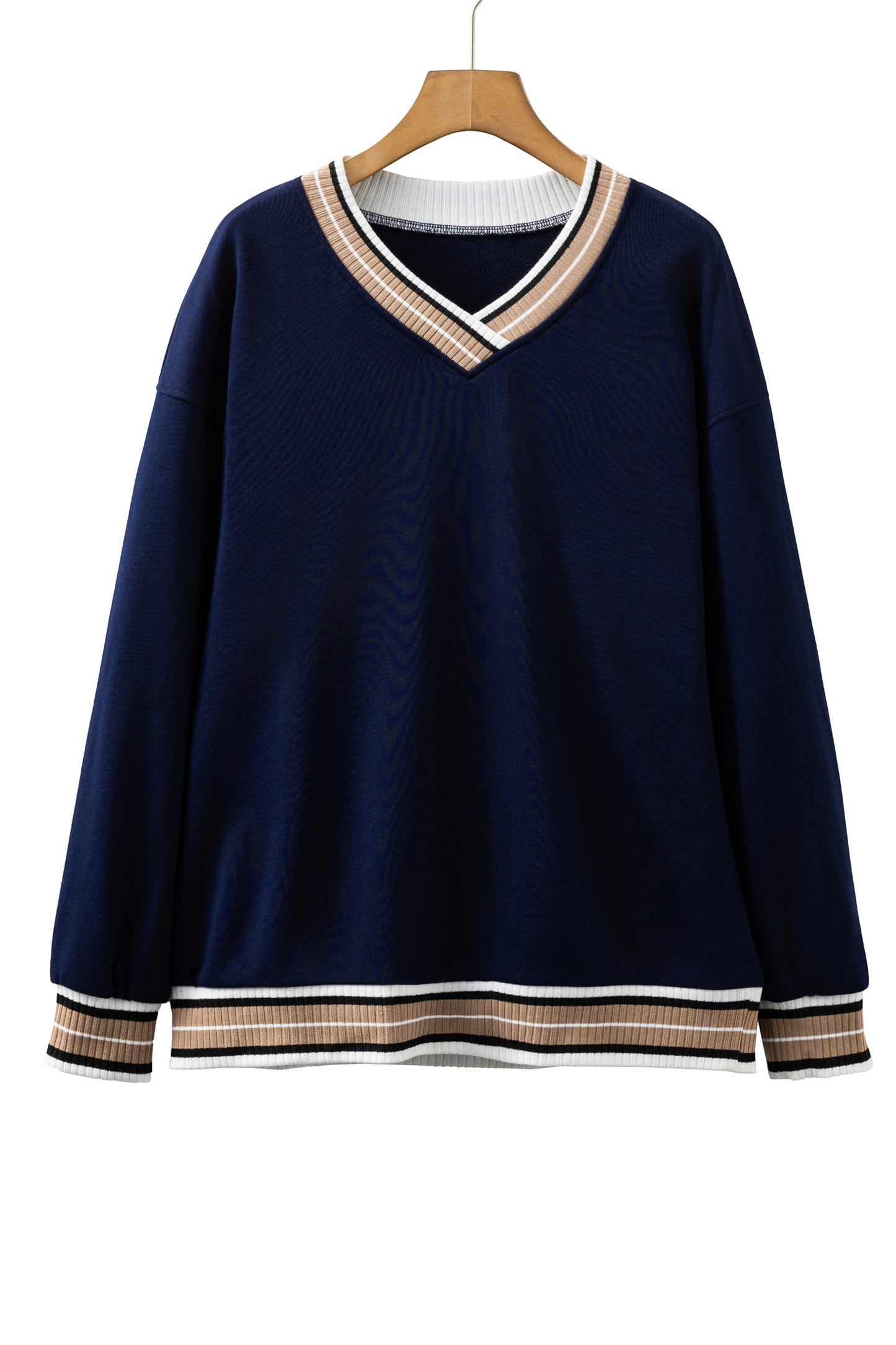 Parchment Varsity Contrast Striped Trim V Neck Sweatshirt