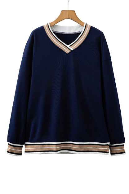 Parchment Varsity Contrast Striped Trim V Neck Sweatshirt