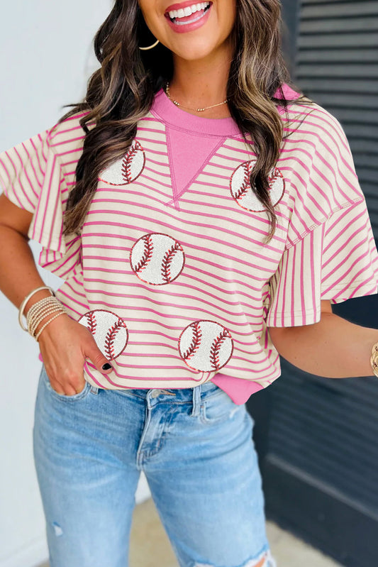 Sachet Pink Sequin Baseball Pattern Striped Ruffle Sleeve Round Neck Knit Top