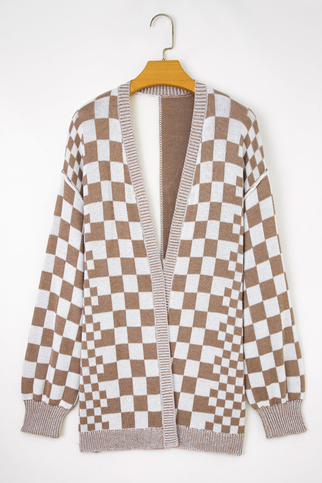Brown Plus Size Checkered Bubble Sleeve Drop Shoulder Open Cardigan
