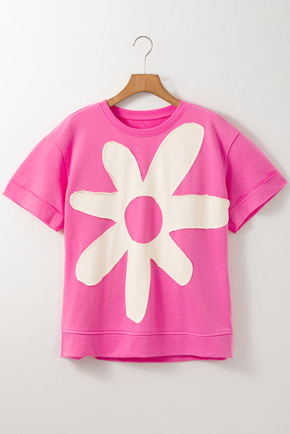 Sachet Pink Contrast Flower Drop Shoulder Loose T Shirt