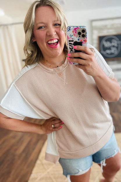 Carrot Twist Rib Colorblock Hi Low Plus Size Short Sleeve Top