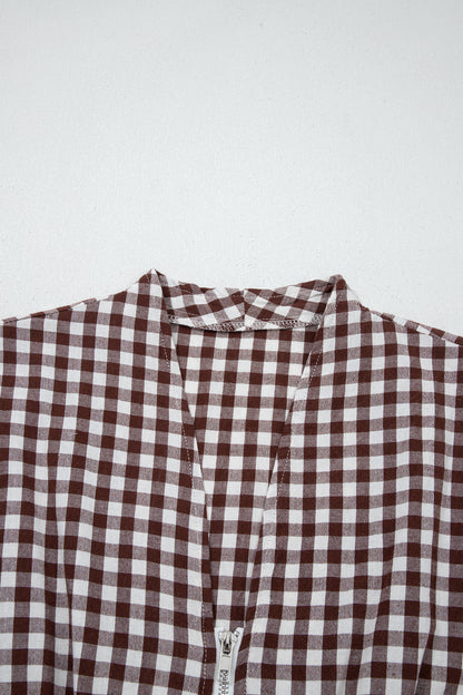 Coffee Plaid Print Full Zipper Cinched Waist Fit Flare Sleeveless Maxi Dress