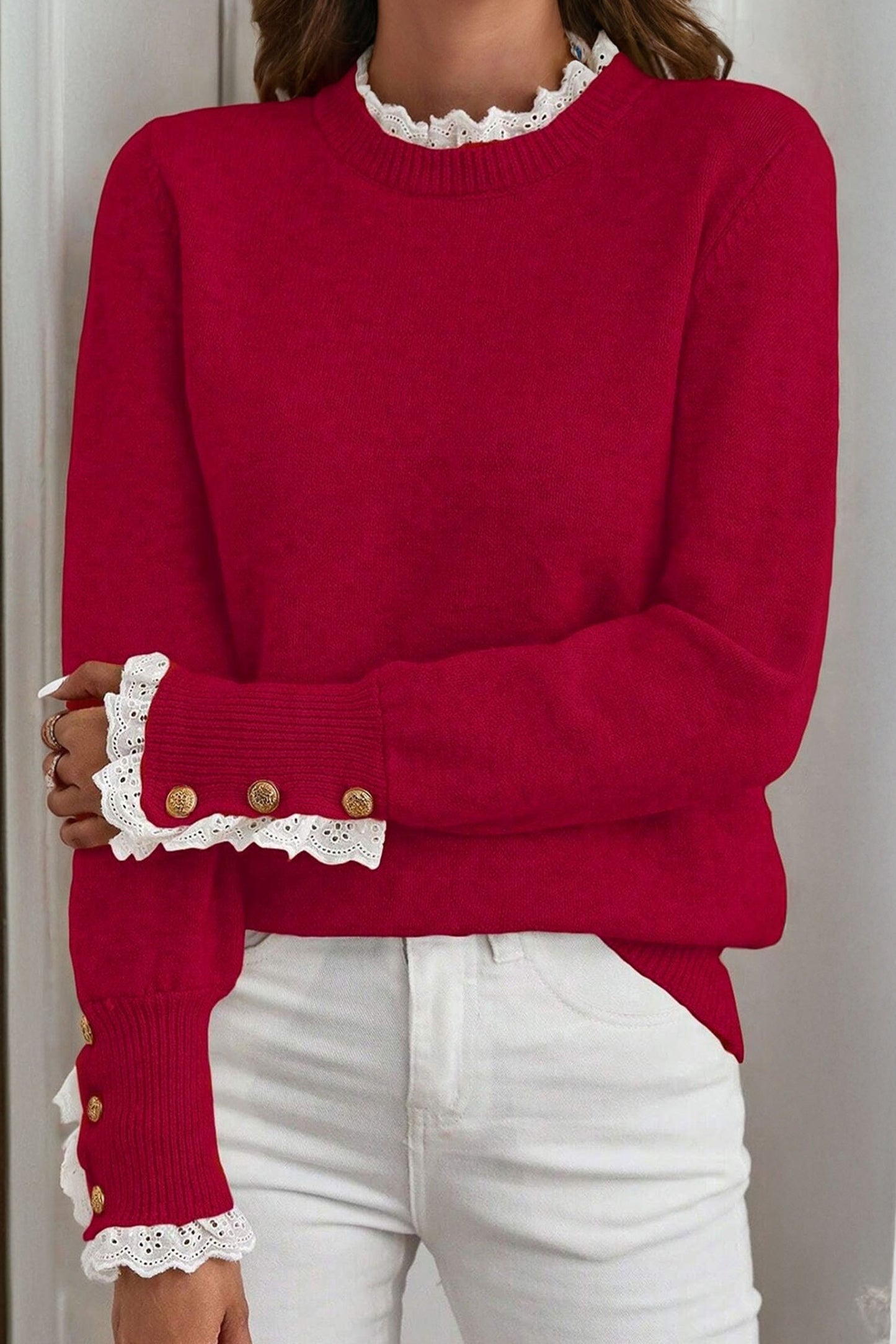 Racing Red Lace Trim Patchwork Buttoned Cuffs Loose Sweater