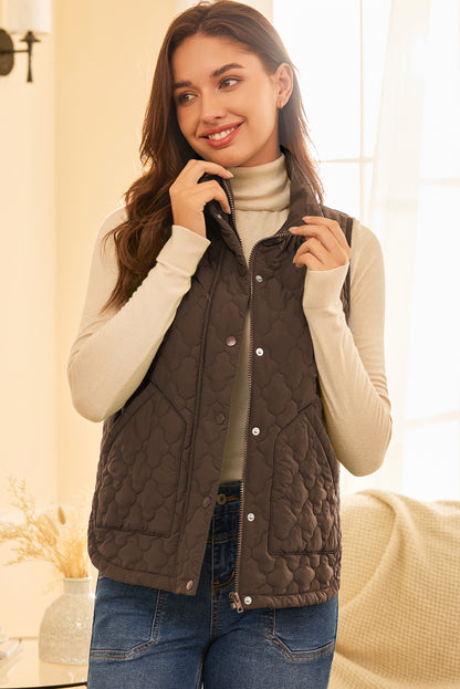 Dark Brown Flower Shape Quilted Snap Button Zip Up Winter Vest