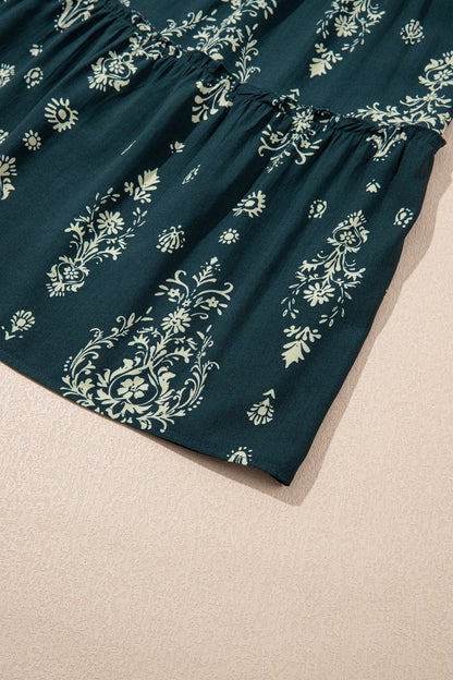 Sky Blue Boho Floral Print Lettuce Trim 3/4 Sleeve Mini Dress