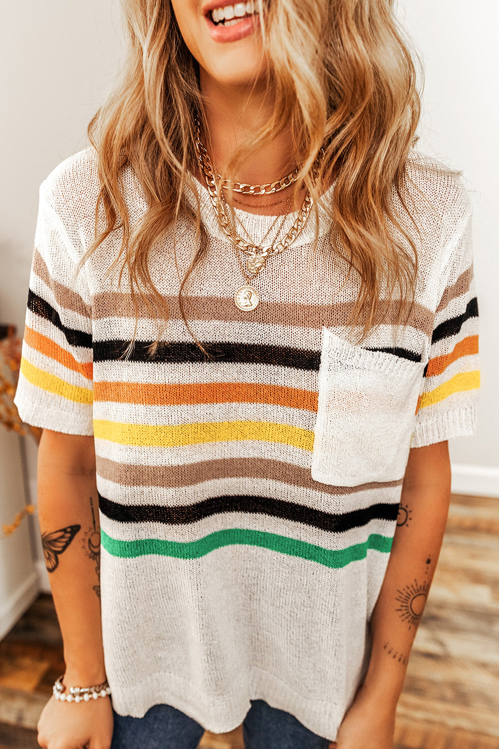 White Striped Pocketed Loose Fit Crewneck Knitted T Shirt
