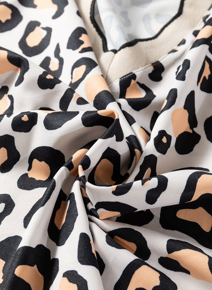 Khaki Leopard Print Contrast Scalloped V Neck Long Sleeve Blouse