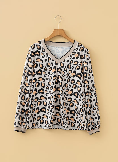 Khaki Leopard Print Contrast Scalloped V Neck Long Sleeve Blouse