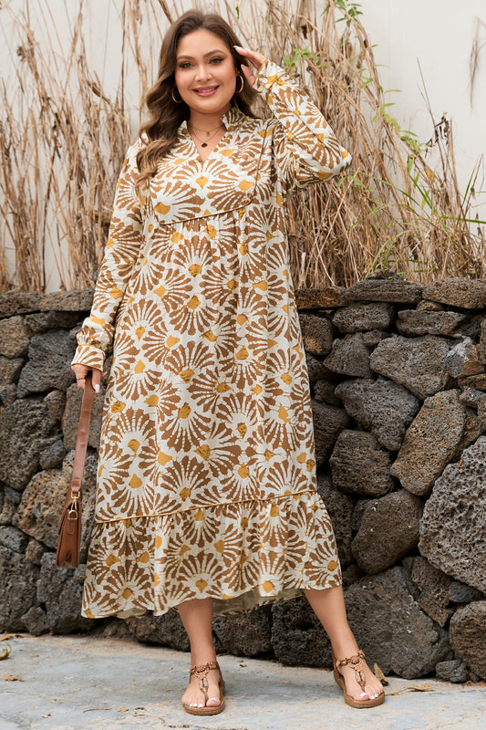 Khaki Abstract Plant Print Loose Plus Size Long Dress