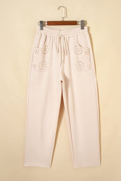 Jet Stream Embroidered Patched Pockets Drawstring Pants