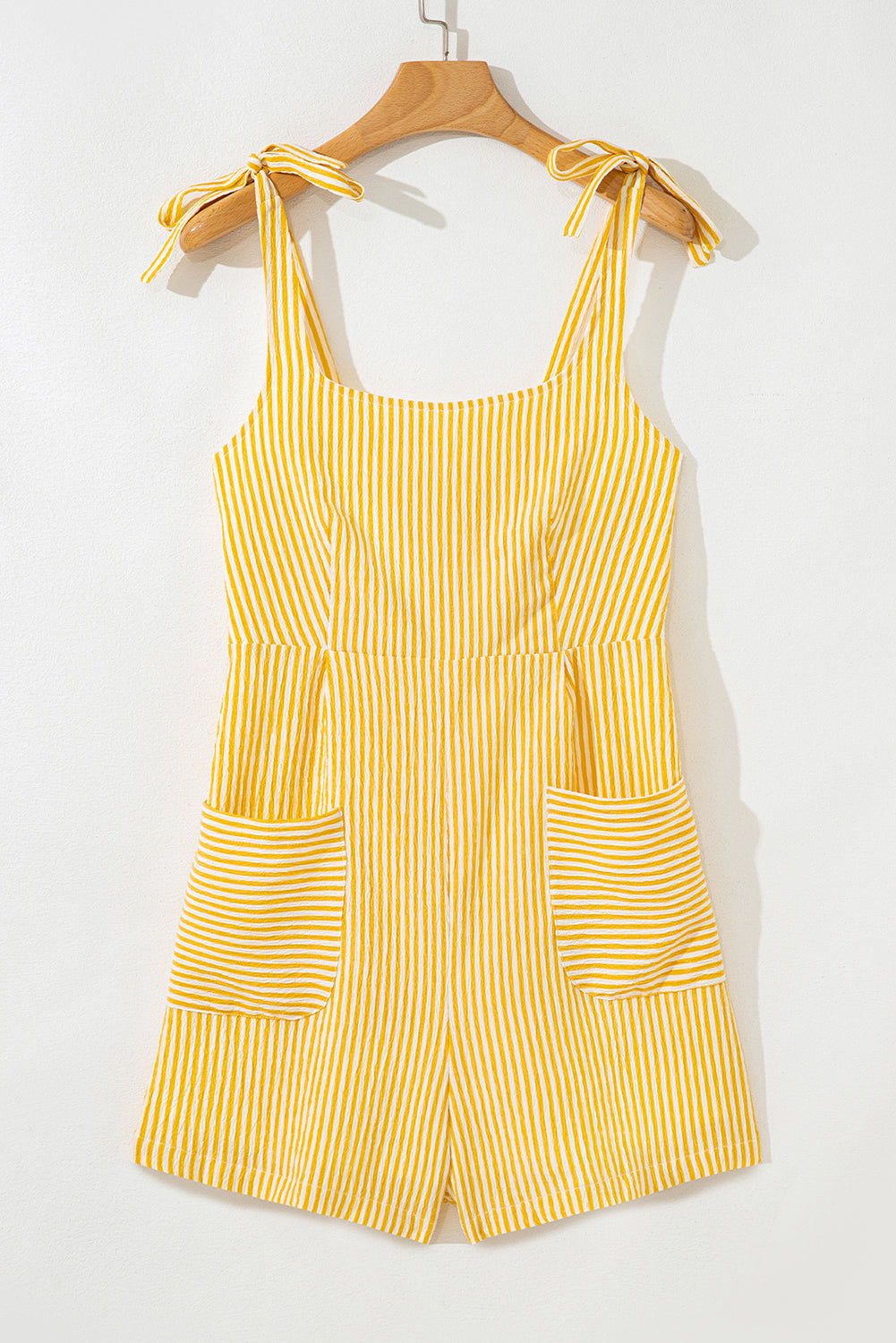 Yellow Stripe Shoulder Tie Smocked Back Wide Leg Casual Romper