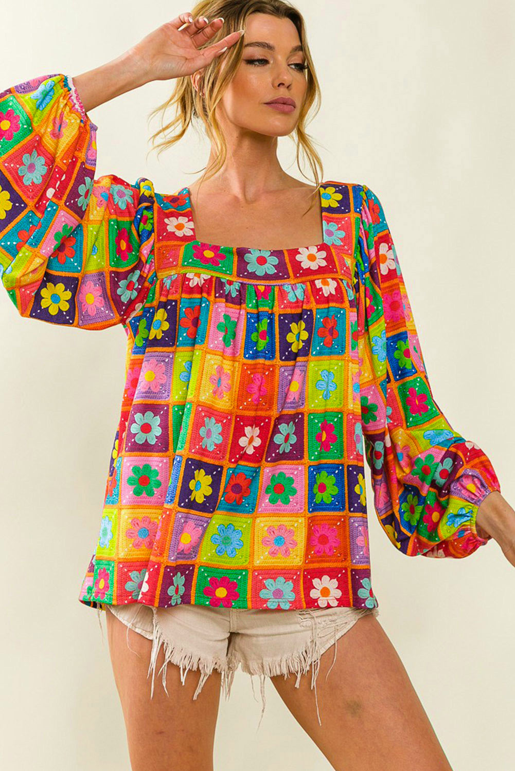 Multicolor Floral Pattern Square Neck Puff Sleeve Blouse