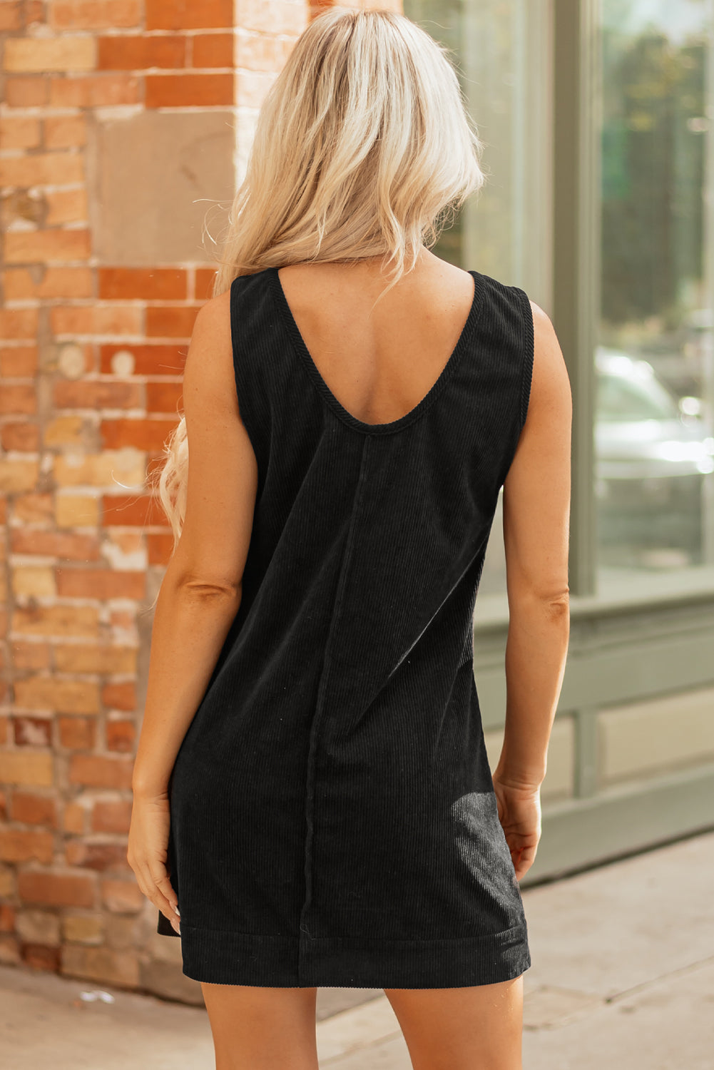 Black Corduroy Sleeveless Mini Dress With Patched Pockets