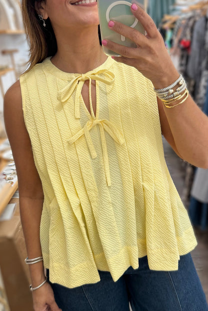 Yellow Cream Bow Tie Notched Neck Pleated Tank Top