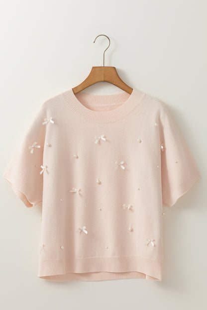 Oatmeal Pearl Bow Embellished Dolman Short Sleeve Sweater