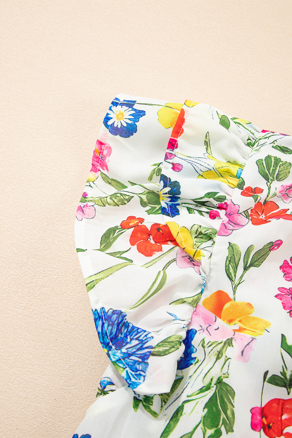 White Floral Print Ruffle Tiered Sleeve Split V Neck Blouse