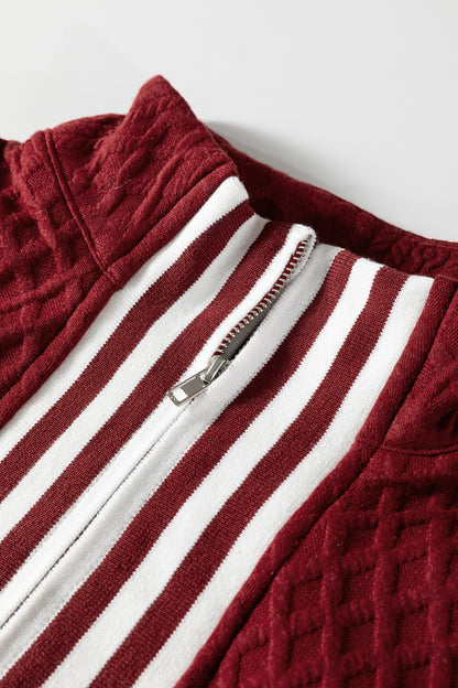 Racing Red Rhombus Textured Striped Patchwork Zip Neck Pullover Sweatshirt