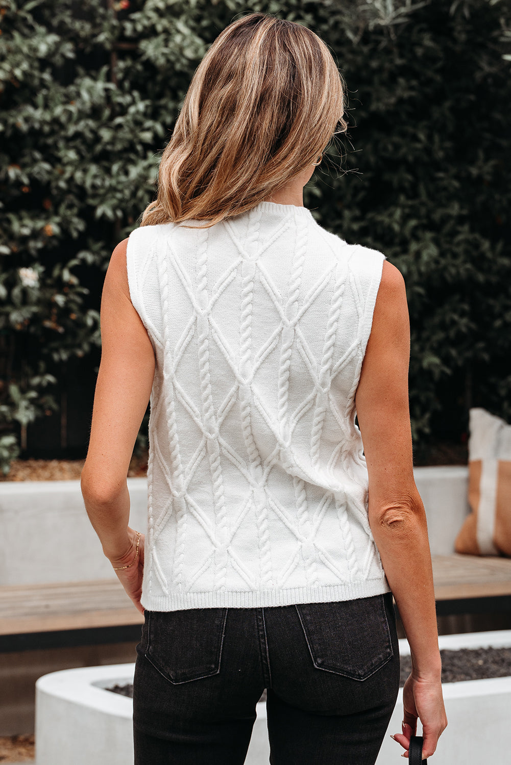 White Pearled High Neck Textured Knit Sweater Vest