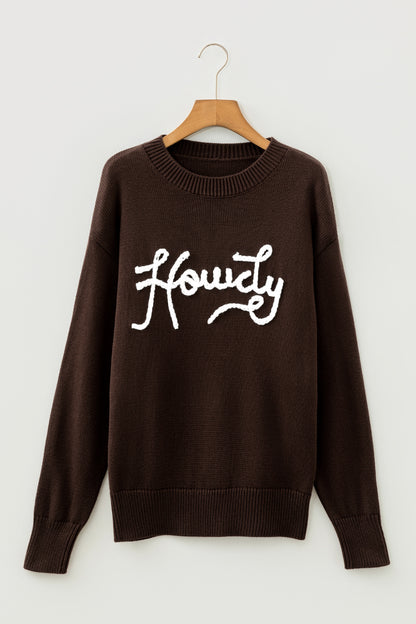 Chicory Coffee Howdy Embroidered Graphic Western Sweater