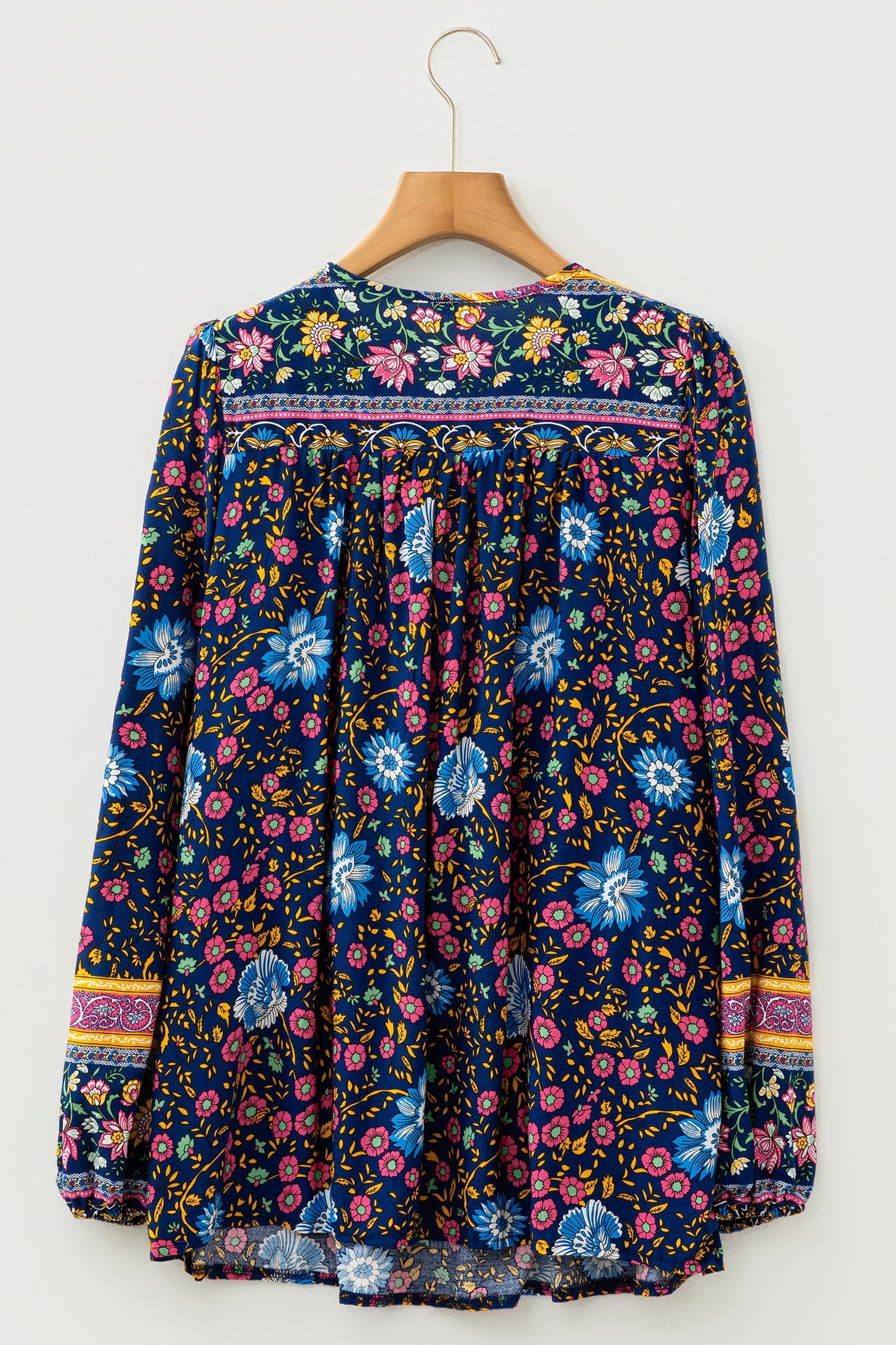 Blue Bohemian Floral Print Tassel Tie Front Long Sleeve Blouse