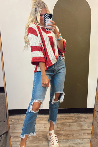 Brown Stripe Colorblock V Neck Bracelet Sleeve Sweater