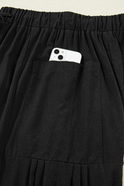 Black Drawstring Elastic Waist Patch Pocket Barrel Leg Casual Pants