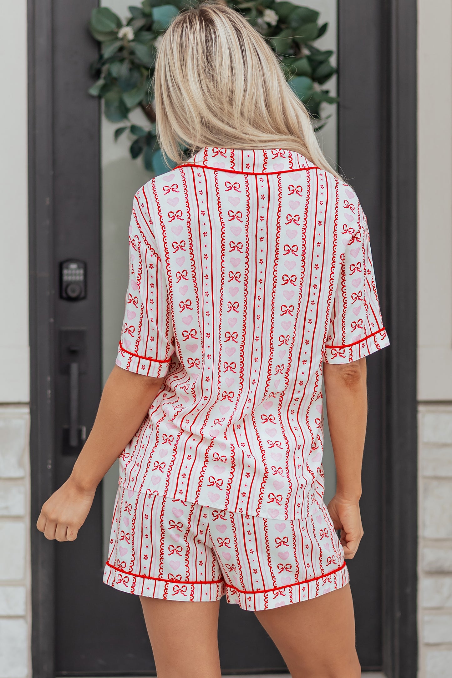 Red Cute Bow Heart Print Ribbon Decor Short 2pcs Pajama Set