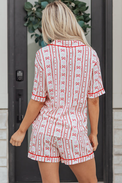 Red Cute Bow Heart Print Ribbon Decor Short 2pcs Pajama Set