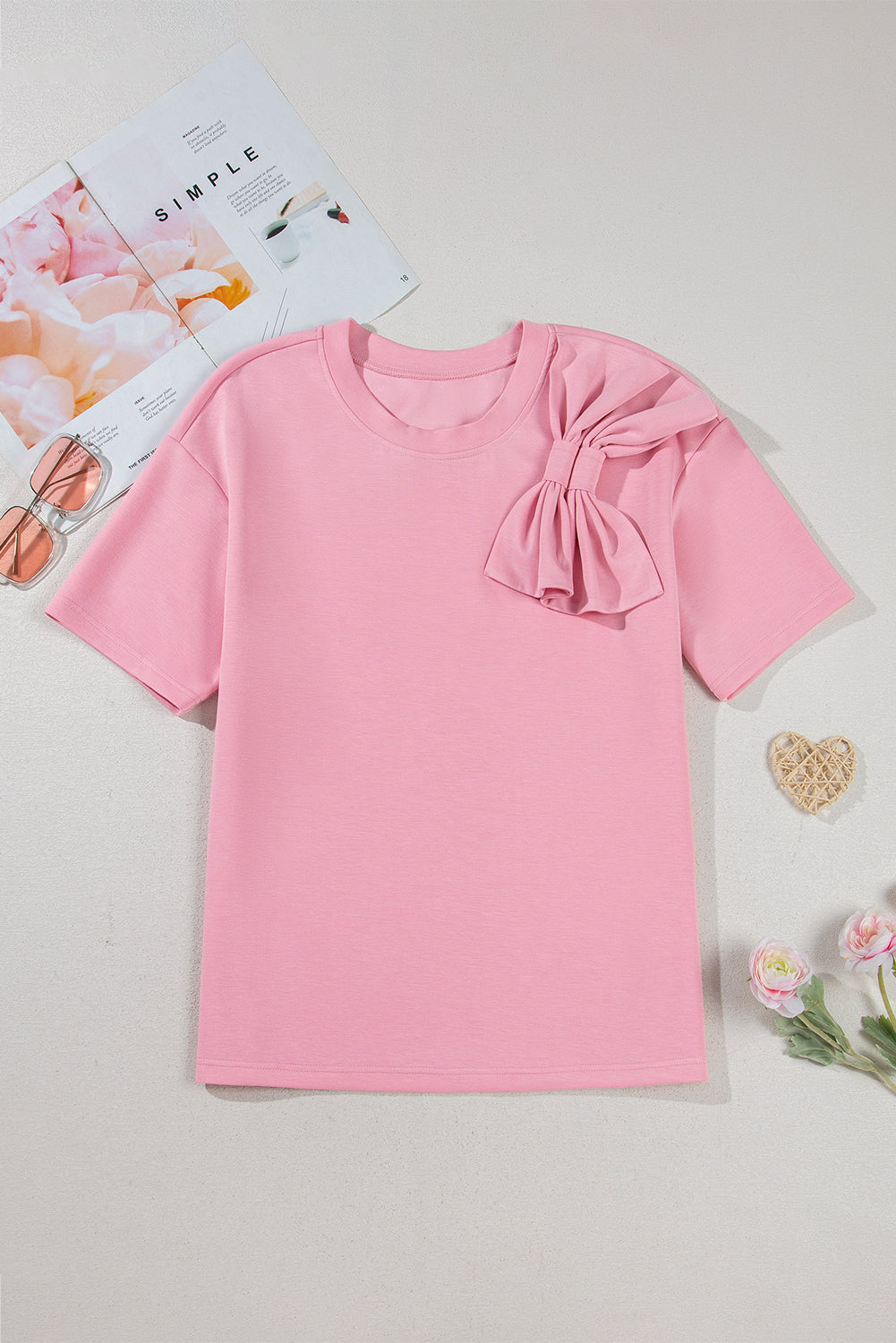 Pink Bow Applique Half Sleeve T-shirt