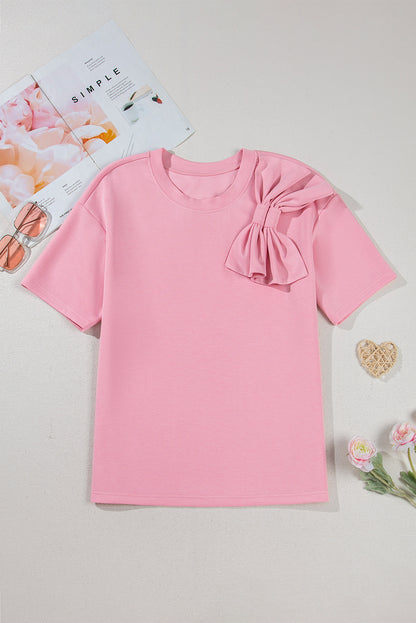 Pink Bow Applique Half Sleeve T-shirt