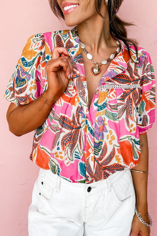 Rose Tropical Vacation Vibe Printed Button Up Short Sleeve Shirt