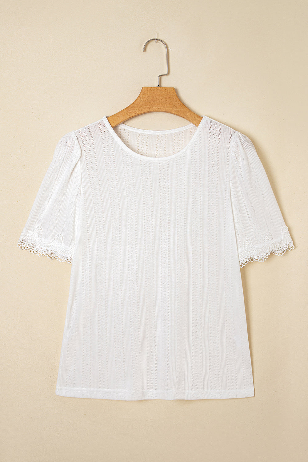 White Scalloped Lace Trim Jacquard Textured T Shirt