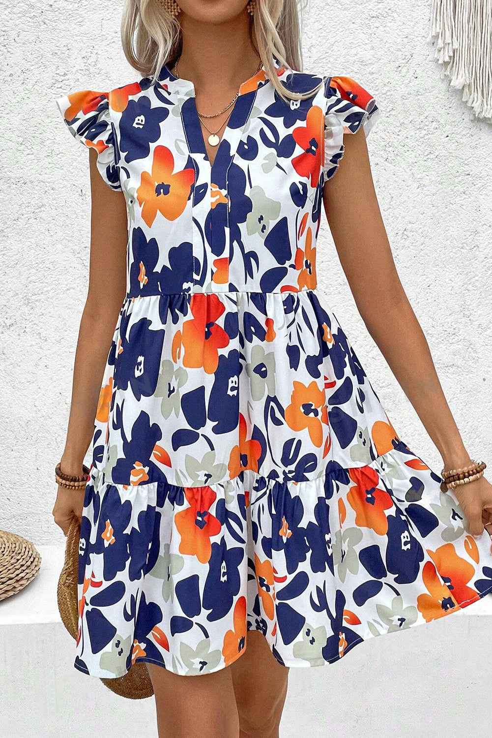 Orange Floral Print Notched Neck Flutter Sleeve Mini Dress