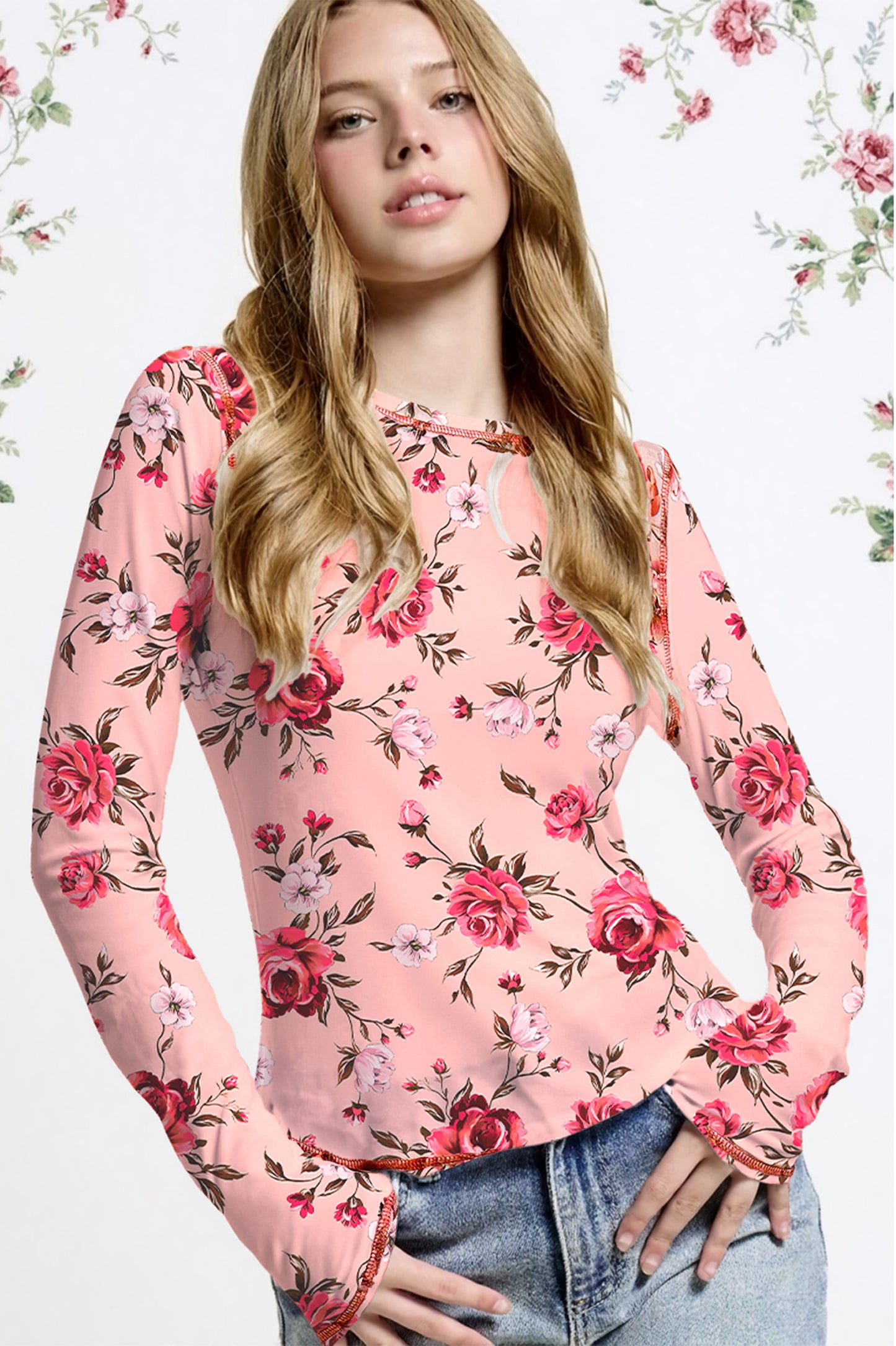 Pink Floral Print Exposed Seam Detail Mesh Long Sleeve Top