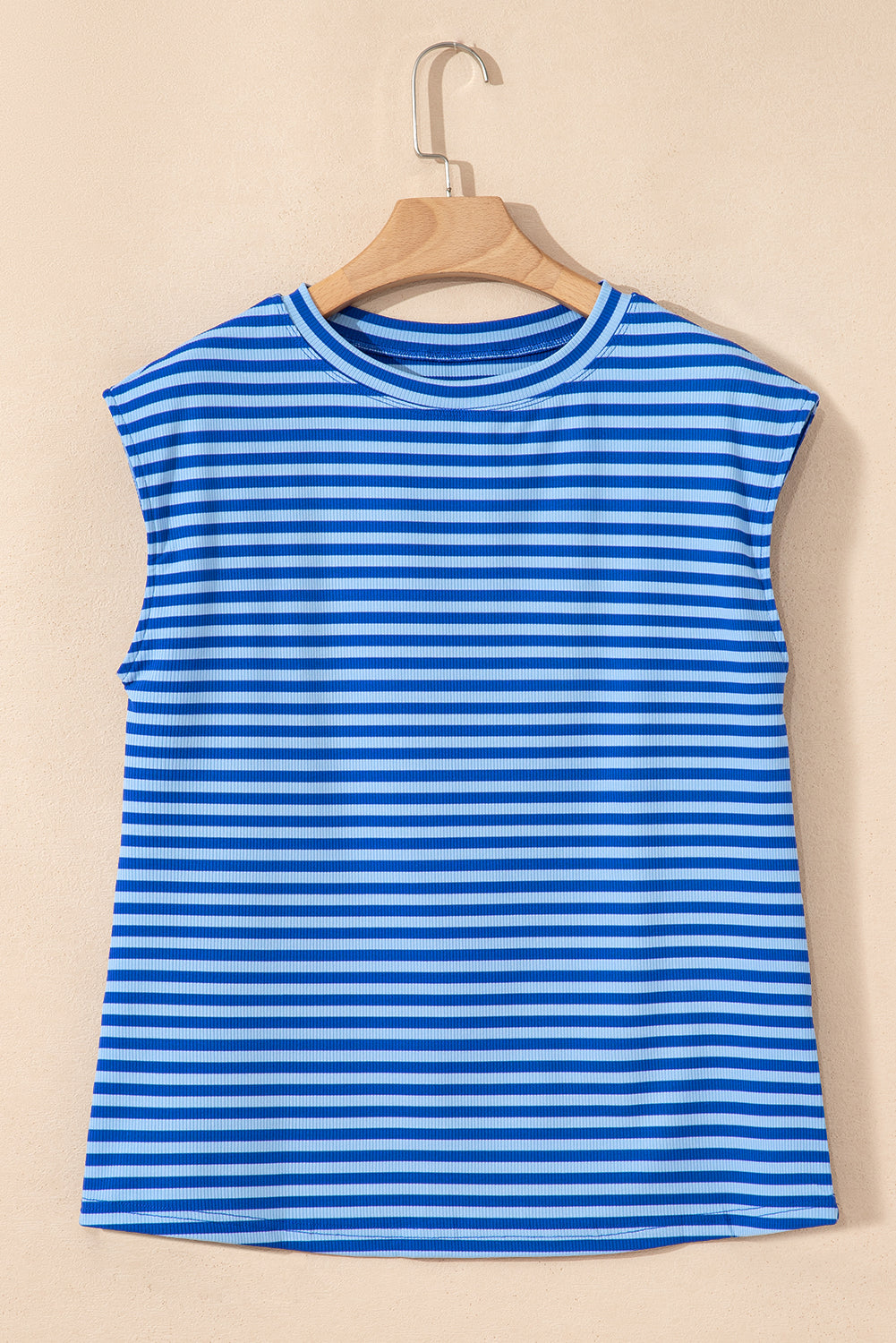 Sky Blue Stripe Ribbed Cap Sleeve Round Neck T Shirt