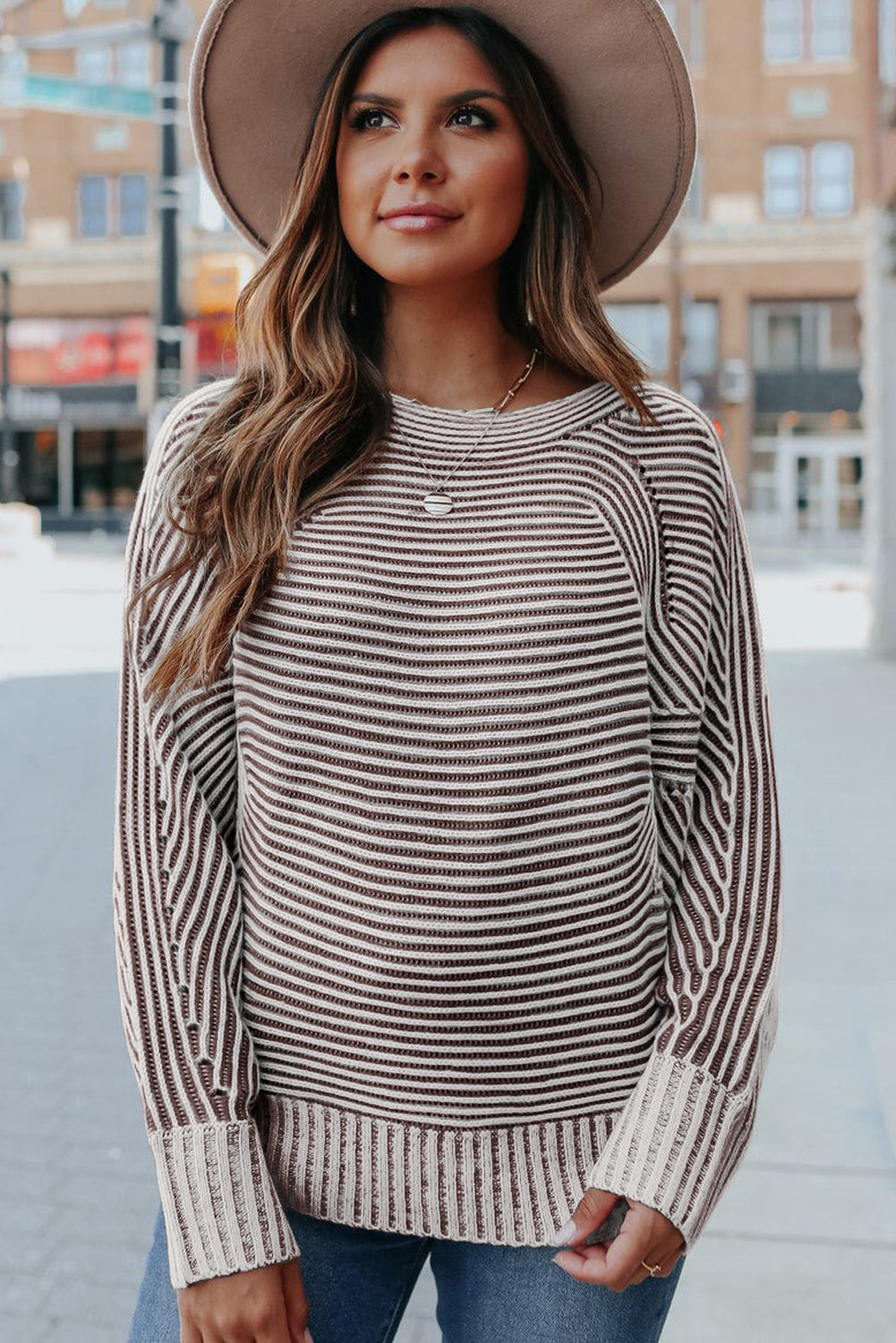 Coffee Striped Print Ribbed Knit Boat Neck Baggy Sweater