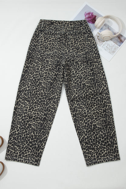 Black Leopard Print High Waist Barrel Jeans