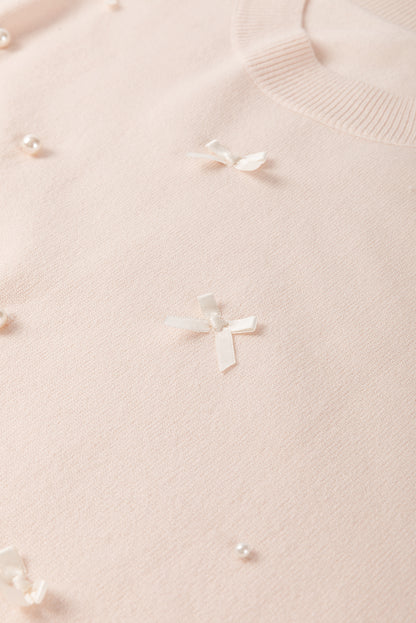 Oatmeal Pearl Bow Embellished Dolman Short Sleeve Sweater