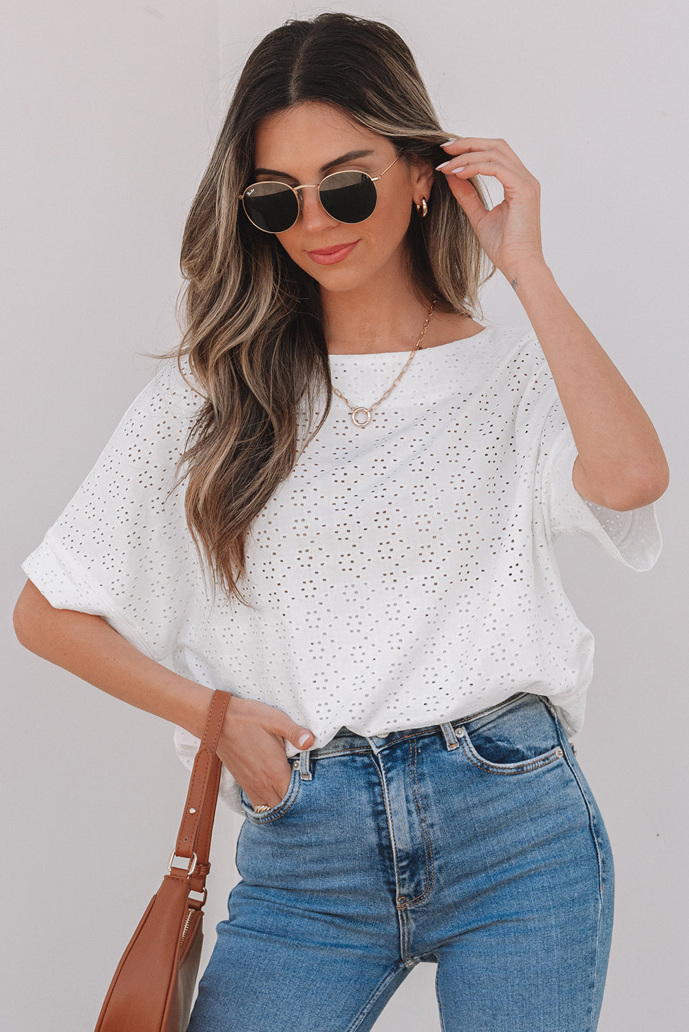 White Eyelet Pattern Boat Neck Casual Tee